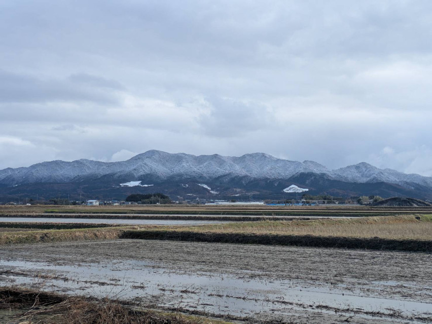 冬本番、山が綺麗に半分白くなってきました！大雪の予報も幸い酷くなく良かったです。